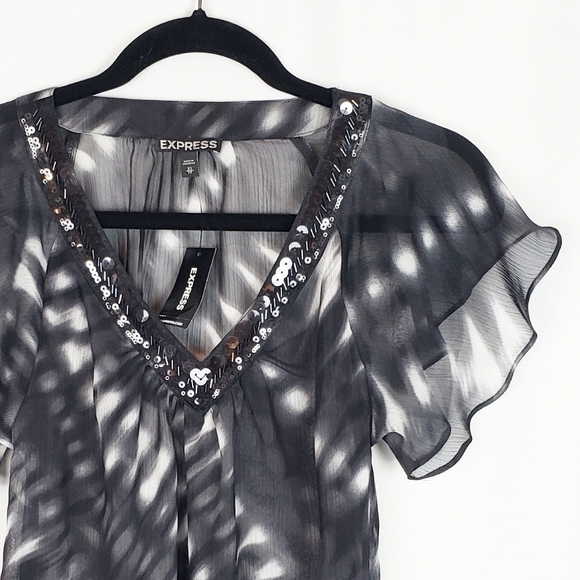 Express sheer tie dye sequin V neck blouse - Picture 2 of 6